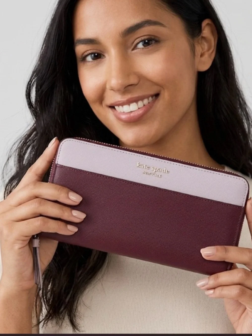 Kate Spade Two-Tone Burgundy & Pink Zip Around Continental Leather Wallet